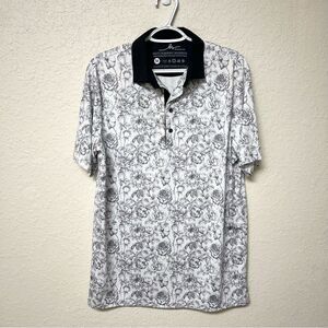 Boston Scott Polo Shirt Mens Gray Floral Print Golf Performance UPF Stretch Sz M